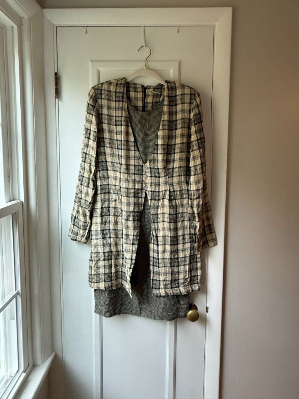 VTG EXPO Plaid 2-Piece Dress & Duster Jacket Set Cream Black Size 10